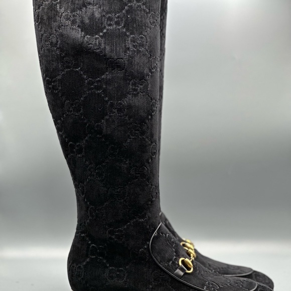 GUCCI Horsebit GG velvet boots w/ crystal heel - Picture 2 of 6